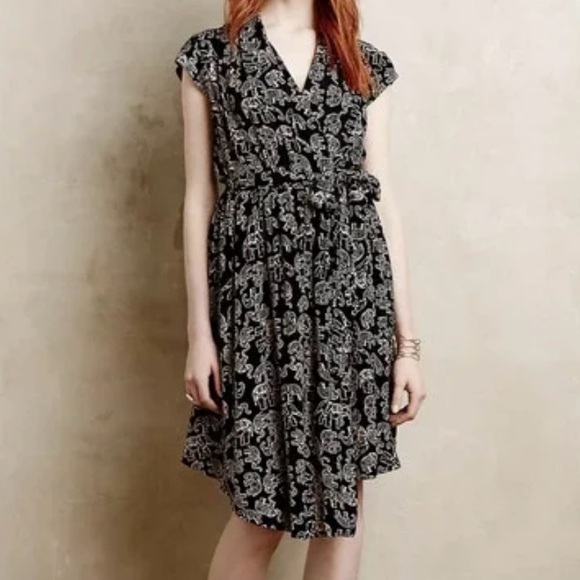 Anthropologie Maeve NORONHA BLACK ELEPHANT MOTIF faux wrap dress size medium - Picture 3 of 13